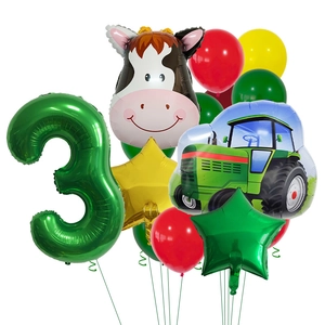 Farm theme 3rd birthday balloon set featuring cow, green tractor, and number 3