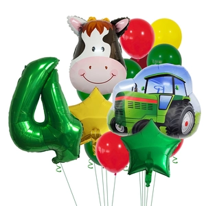 Farm theme 4th birthday party set with tractor cow balloons and green number four