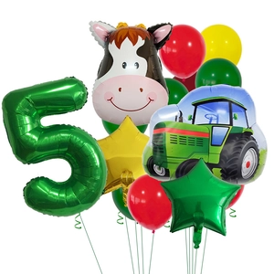 Farm animal themed 5th birthday balloon kit with cow tractor and number 5 foil balloons