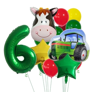Farm theme 6th birthday balloon set with green number 6, cow and tractor foil balloons