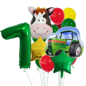 Farm theme first birthday balloon set with green number 1 cow and tractor foil balloons