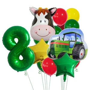 Farm theme 8th birthday balloon set with green tractor and cow foil balloons for party