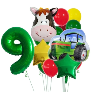 Farm party set with number 9 balloon, green tractor, cow head and star shaped foils