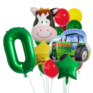 Detailed farm theme party balloon set with cow, tractor, and green number zero foil balloons