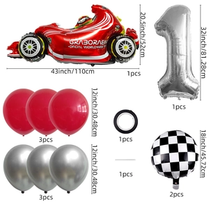 Racing car themed balloon set with red F1 racer, checkered patterns and silver number one