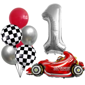 Racing party set with red car foil balloon, silver number one, and checkered flag balloons