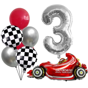 Racing car themed 3rd birthday balloon set with red F1 car and checkered flag designs