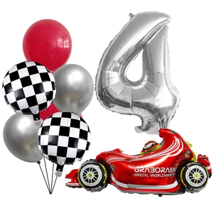 Racing car birthday balloon set with red F1 car, silver number 4, and checkered patterns