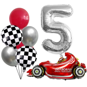 Racing party balloon set with F1 car, checkered flags and large silver number 5