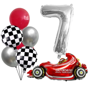 Racing car theme balloon set with red F1 car, silver number 7 and checkered flag decor