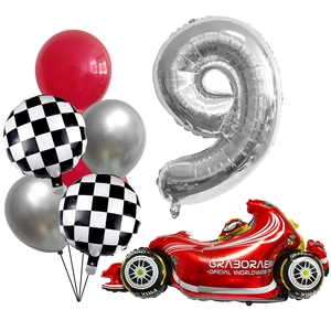 Racing party set featuring F1 car balloon, checkered flags and silver number 9 balloon