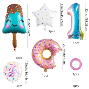 Ice cream and donut balloon set size chart with dimensions for party decorations