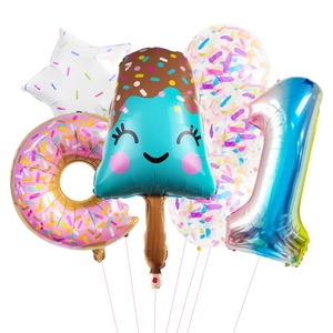Detail view of 5-piece ice cream and donut foil balloon set for 1st birthday party decor