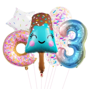 Detailed set of donut, ice cream, and gradient number 3 foil balloons for birthday party decor