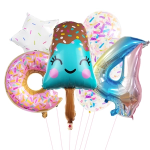 Detail set of ice cream and donut foil balloons with confetti balloons for 4th birthday party