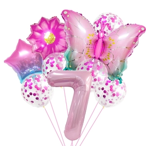 Kit ballons papillon rose dégradé avec marguerite et chiffre 7 pour fête anniversaire