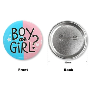 58mm Boy or Girl gender reveal party tinplate badge with front and back views
