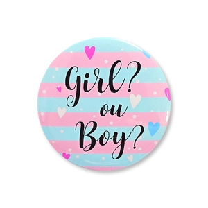 Detail of Girl or Boy gender reveal tinplate badge with pink and blue heart stripes