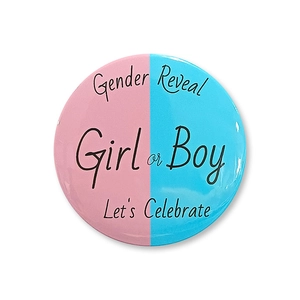 Detail of Gender Reveal tinplate badge with Girl or Boy design for party decoration
