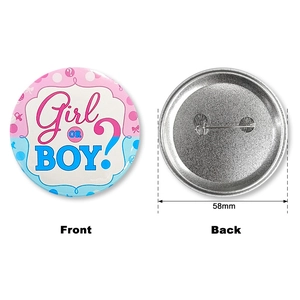 Detailed front and back view of a 58mm Gender Reveal party tinplate pin badge