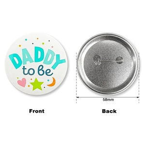 Front and back detail of 58mm Daddy to be tinplate button pin for baby shower parties