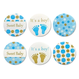 Set of 6 blue It's a Boy tinplate badges for baby shower and gender reveal parties