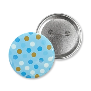 Detailed front and back view of light blue polka dot Baby Boy gender reveal tin badges