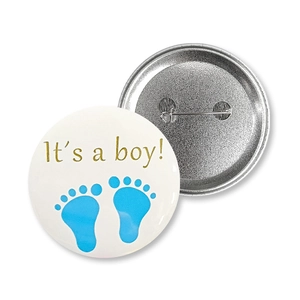 Blue baby boy gender reveal badges with polished metal pin back for party guests