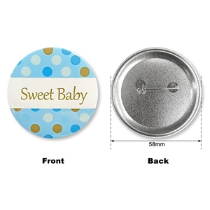 58mm Baby Boy gender reveal tinplate badge with Sweet Baby gold polka dot design