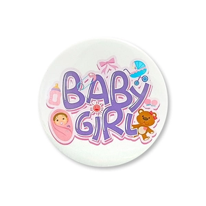 Detail of round Baby Girl tinplate badge with cute pink teddy bear and stroller motifs
