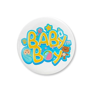 Detail of baby shower tinplate badge with 'BABY BOY' text and cute cartoon baby motifs