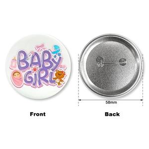 Baby Girl shower badge 58mm tinplate pin with front and back view on white background
