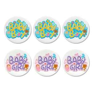 Set of 6 Baby Boy and Baby Girl tinplate badges for gender reveal and baby shower parties