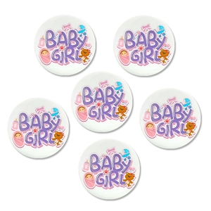 Set of 5 pink tinplate Baby Girl shower badges with cute cartoon bear and stroller patterns