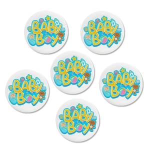 Detailed set of 5 tinplate baby boy badges for baby shower and gender reveal parties