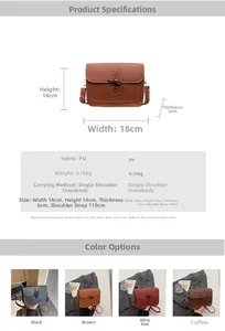 Detailed size infographic of vintage PU leather tote with 18x14x6cm dimensions and color options