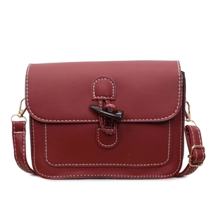 Classic burgundy PU leather crossbody bag with white contrast stitching and horn buckle