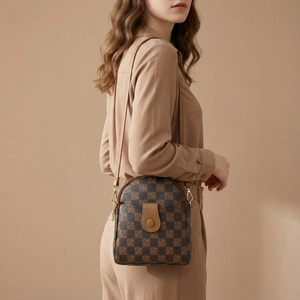 Vintage checkered crossbody mobile phone bag with double zippers and gold hardware