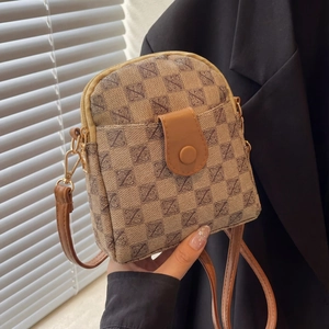 Retro khaki checkered crossbody phone bag with adjustable strap and golden hardware