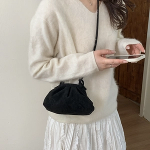 French vintage style black pleated cloud crossbody bag for women with minimalist shoulder strap