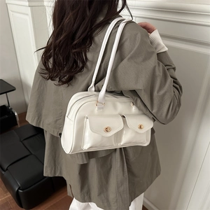 Weiße PU-Leder Boston Tasche mit Fronttaschen und Gold-Hardware als stilvolle Schultertasche