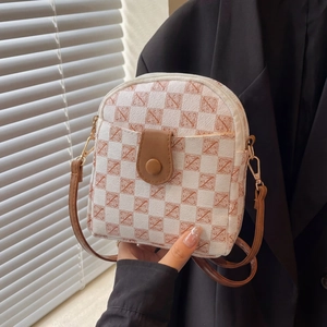 Vintage Checkerboard Print Mini Crossbody Bag PU Leather Phone Pouch Double Zipper Fashion Vertical Women Shoulder Bag