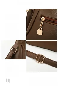 Close-up of golden alloy hardware and lychee grain brown leather on casual shoulder bag