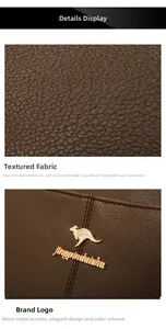 Close-up of dark brown lychee pattern leather texture and golden metal logo on the bag