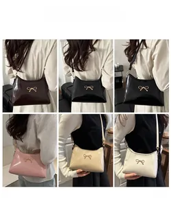 Detailed views of women's glossy shoulder bag in six colors featuring gold bow decor