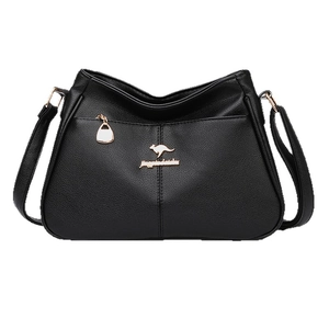 Large capacity black lychee grain leather shoulder bag for women with gold logo detail