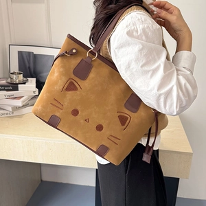 Brown vintage frosted tote bag with cute cat embroidery for school and commuting