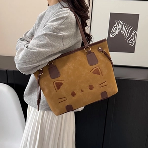 Retro camel suede tote bag with cute cat face design and large capacity for daily use