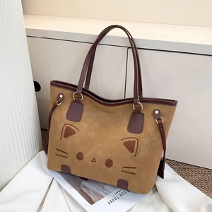 Cute cartoon cat tote bag in leopard print suede style for daily fashion commute