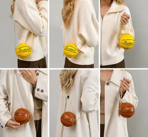 Detail view of mini basketball shaped crossbody bag with chain strap and PU leather texture